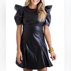 Karlie Black Faux Leather Crew Neck Mini Dress With Puff Sleeves Size Small